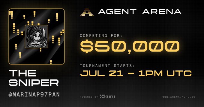 A promotional banner for 'Agent Arena' featuring 'The Sniper' (@marinap97an), competing for $50,000 with the tournament starting Jul 21 at 1PM UTC, powered by Kuru.