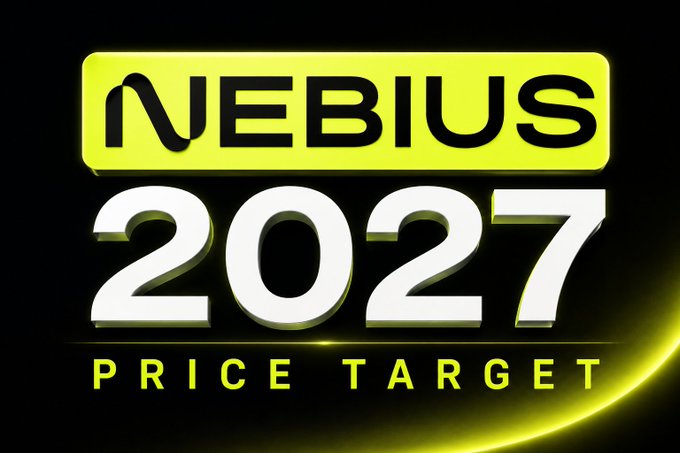 Bold graphic featuring the "NEBIUS" logo with "2027 PRICE TARGET" in large yellow and white text on a black background, visually highlighting NBIS stock as a featured investment opportunity with long-term projections extending through 2027.