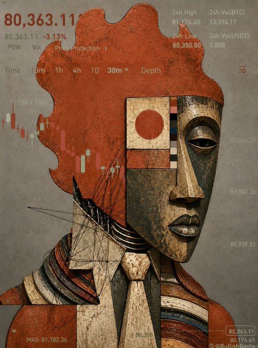 An artistic, stylized portrait of a figure composed of geometric shapes, featuring a red market chart overlaying the face and background, with crypto price data like "80,363.11 -3.13%", "24h High 81,176.65", and ticker "BTC" visible.