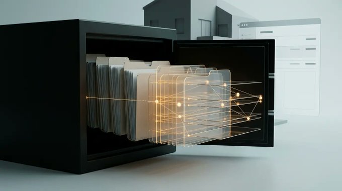 A black digital safe opens to reveal stacks of glowing documents connected by luminous network lines, symbolizing the digitization and transfer of mortgage records onto the blockchain. The image visually reinforces the migration of over $1 billion in residential mortgage data onto the Injective network by Pineapple Financial.