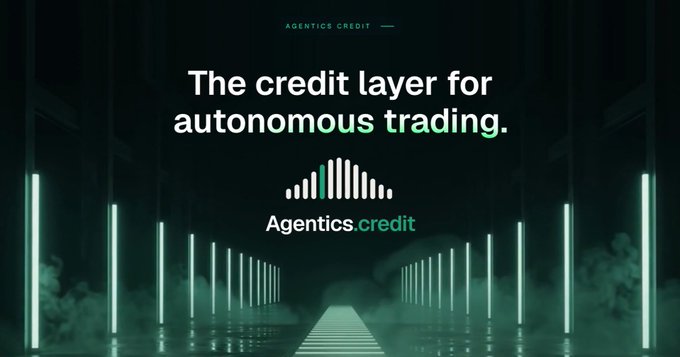 A dark promotional graphic with text 'The credit layer for autonomous trading.' and the logo 'Agentics.credit' below a bar chart graphic.