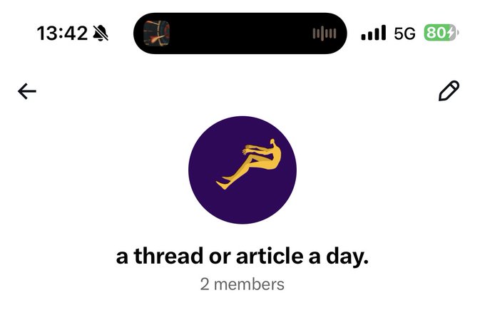A screenshot of a 2-member WhatsApp group titled "a thread or article a day," featuring a purple avatar with a running figure, aligns with the creator's post about starting a small group to motivate each other to publish daily threads or articles.