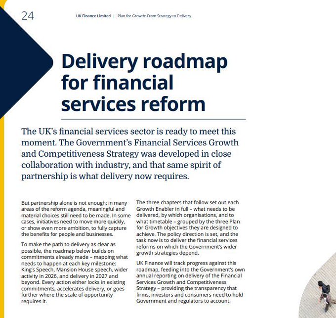 Page 24 of a UK Finance Limited document titled "Plan for Growth: From Strategy to Delivery," headed "Delivery roadmap for financial services reform," discussing the implementation of the Financial Services Growth and Competitiveness Strategy.
