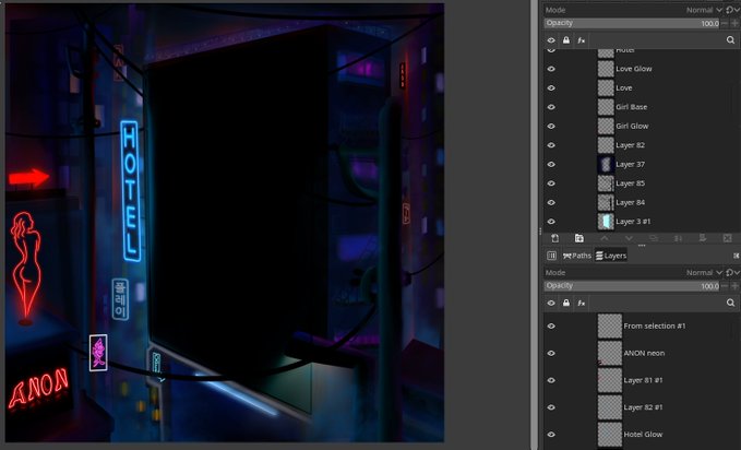 A Photoshop workspace showing a cyberpunk neon cityscape with a "HOTEL" sign and "ANON" text, featuring a layers panel with items like "Layer 3 #1", "ANON neon", and "Hotel Glow".