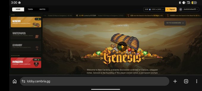 Screenshot of a website lobby.cambria.gg showing a 'Genesis' event promotion with 'COMING SOON' text and game menu items like 'Whitepaper', 'Economy', and 'Dungeons'.