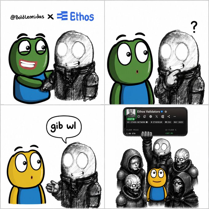A four-panel comic by @BoldLeonidas features a green Pepe character interacting with a faceless gray figure, who later reveals an Ethos Validators profile (22271, ETHOS-NETWORK, Floor Price 1.69 ETH, +397.4%) alongside hooded figures and skulls, illustrating that Ethos Network validators have been allowlisted for BoldPFPs.