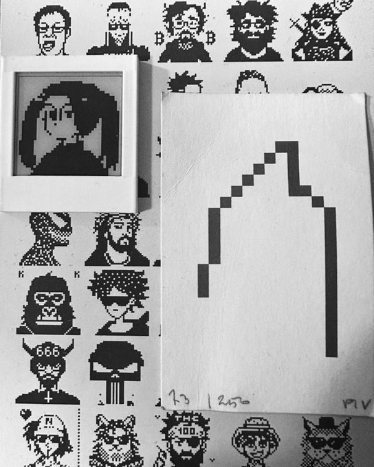 Black and white pixel art portraits of various characters, with a framed print leaning against others and a separate sheet showing a pixelated arch design signed 'PIV'.