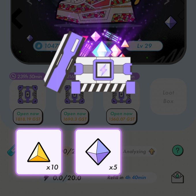 A screenshot of a mobile gaming app showing a loot box opening interface with "Open now" options costing GST tokens, featuring cartoon-style icons and rewards including 10x yellow and 5x purple crystal/octahedron items.