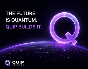 A bold promotional graphic for Quip Network featuring a glowing purple "Q" logo against a cosmic backdrop, with the tagline "THE FUTURE IS QUANTUM. QUIP BUILDS IT." and the Quip Networks branding in the corner—visually reinforcing the post's thesis that early-built quantum infrastructure will lead the way as quantum security becomes essential.