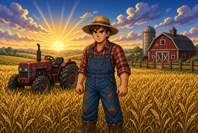 An anime-style illustration of a young farmer in denim overalls and a straw hat standing in a golden wheat field at sunset, with a red tractor and red barn in the background.