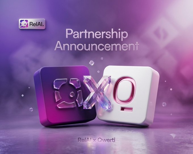 A partnership announcement graphic features 3D "XO" blocks in purple and white against a vibrant pink and purple gradient background, with the "RelAI" logo in the top left corner and "RelAI x Qwerti" text at the bottom, visually representing the collaboration between RelAI and Qwerti highlighted in the post about powering AI payments.