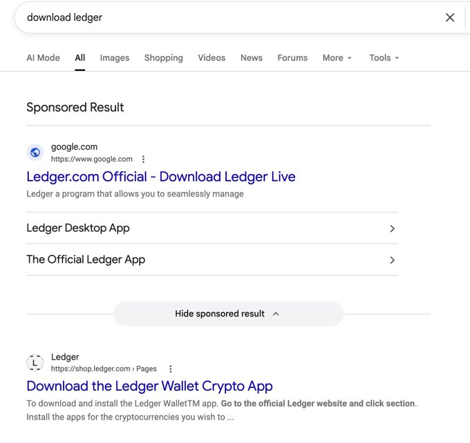 A Google search results page for 'download ledger' showing sponsored results for 'Ledger.com Official - Download Ledger Live' and 'Download the Ledger Wallet Crypto App'.