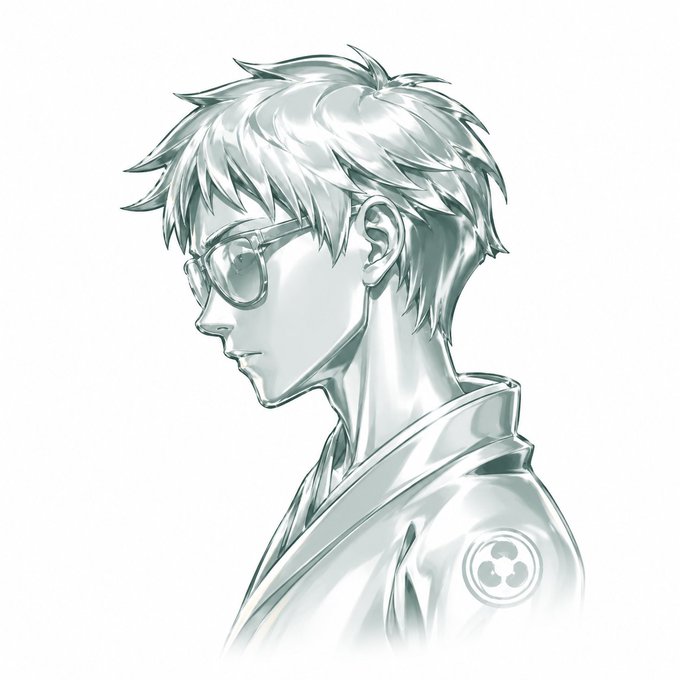 A monochromatic pencil-style illustration of a young man with messy hair and glasses in profile, wearing a kimono-like garment with a circular emblem.