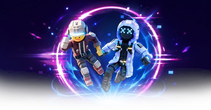 Two astronaut characters, one in a casual outfit and another in a white lab coat, holding hands and floating within a glowing purple and blue energy portal against a dark background.