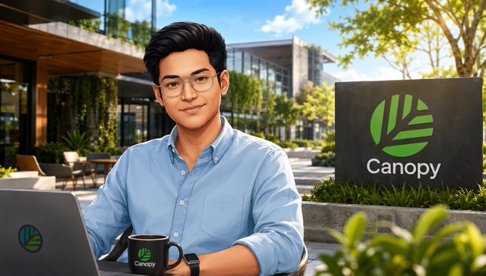 The image features a man sitting at an outdoor table with his laptop open, holding a coffee cup. The scene takes place outside of a building, possibly a cafe or office space. There are chairs around the table where the man is seated, as well as other people in the background who may be enjoying their time outdoors. A potted plant can also be seen nearby, adding to the outdoor atmosphere. The image seems to be promoting an app called @CNPYNetwork, which could be related to the man's work or personal interests.