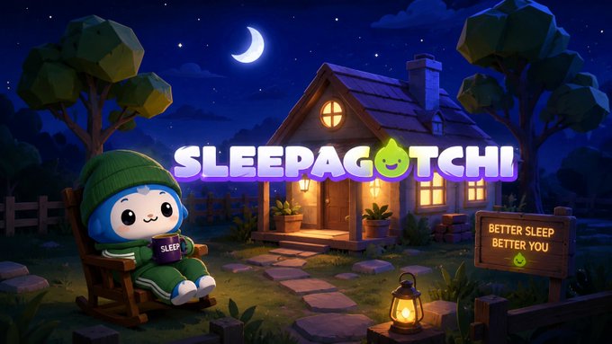 A cute 3D-rendered illustration with the text 'SLEEPAGOCHI' showing a small blue character in green pajamas sitting in a chair reading a book, with a cozy house and 'BETTER SLEEP BETTER YOU' sign in the background.