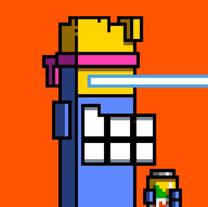 A pixel art image on an orange background depicting a blocky character wearing a yellow crown and blue outfit, resembling an arcade cabinet or character, with a smaller pixel figure in the bottom right corner.