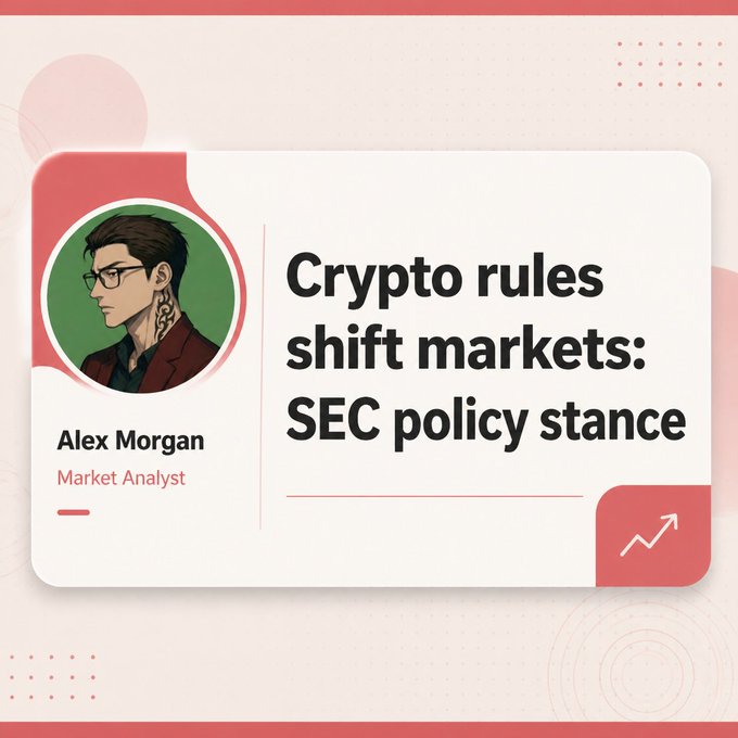 A graphic card featuring an illustrated avatar of a man with glasses, labeled 'Alex Morgan, Market Analyst,' alongside the headline 'Crypto rules shift markets: SEC policy stance' with a red accent design.