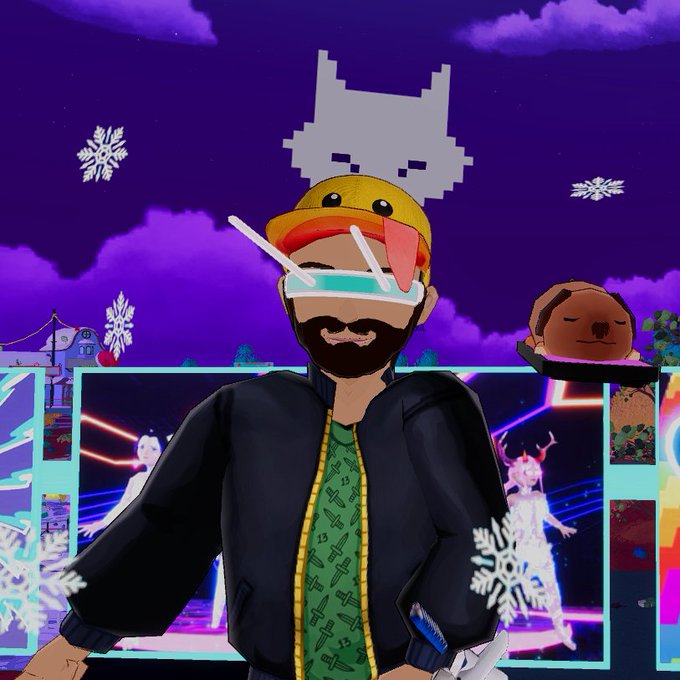 An avatar of a bearded character wearing a duck hat and goggles, with a pixel cat hovering above their head and snowflake decorations, set against a purple night sky.