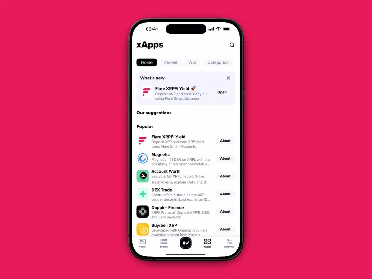 A smartphone displays the Xaman Wallet xApps store, highlighting "Flare XRPFi Yield" under "What's new" with options to deposit XRP and earn yield using Flare Smart Accounts, alongside other popular dApps like Magnetic, Account Worth, and DEX Trade. The interface directly supports the post's message about expanded earnXRP capacity (now capped at 45M FXRP) via the simple Xaman Wallet flow for earning XRP yield.
