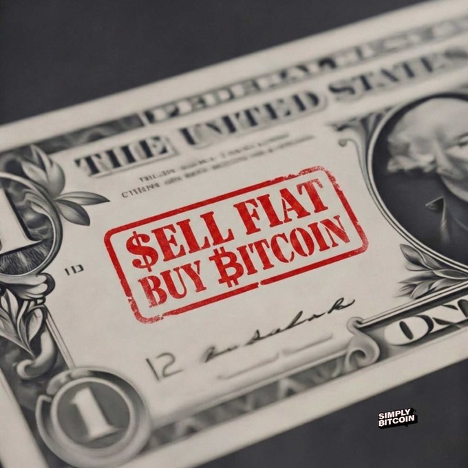 A close-up of a United States one-dollar bill features a red stamp reading '$ELL FIAT BUY BITCOIN' across the center, with 'SIMPLY BITCOIN' in the corner.