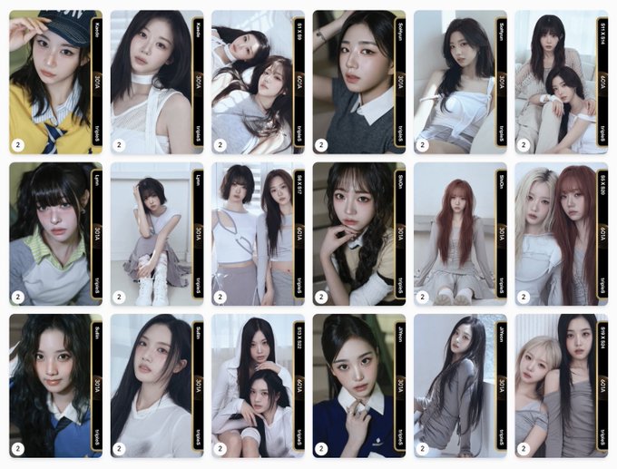A collage of 15 photo card images featuring portraits of young women with varied hairstyles and outfits, arranged in a grid with a vintage film-style border.