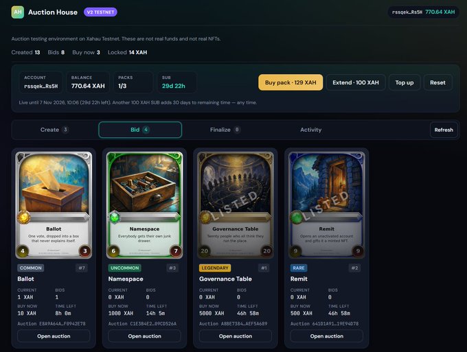 A dark-themed “Auction House” test dashboard on Xahau (ticker XAH) shows an account with 770.64 XAH, 1/3 packs, and 29d 22h remaining, alongside controls like “Buy pack · 129 XAH” and “Extend · 100 XAH.” The Bid tab lists four cards—Ballot, Namespace, Governance Table, and Remit—with bids ranging from 1 XAH to 500 XAH and current bids up to 5000 XAH, illustrating the live auction-hook testing interface referenced in the post.