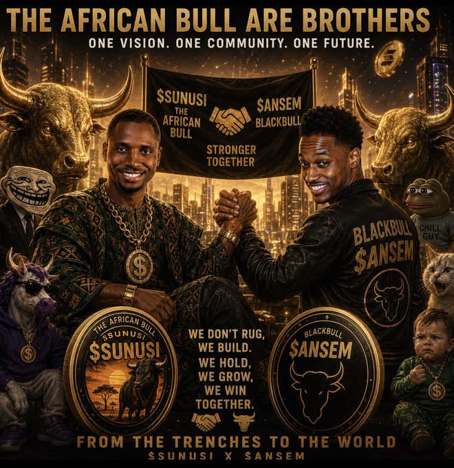 A promotional graphic for $SUNUSI and $SANSEM featuring two men clasping hands beneath a "Stronger Together" banner, with golden bull imagery, emblems reading "The African Bull $SUNUSI" and "Blackbull $SANSEM," and slogans including "One Vision. One Community. One Future" and "We don't rug, we build. We hold, we grow. We win together." The image visually reinforces the post's message of unity between the African Bull and Black Bull communities, suggesting that $SUNUSI could follow $ANSEM's path to massive market cap growth through collective support.