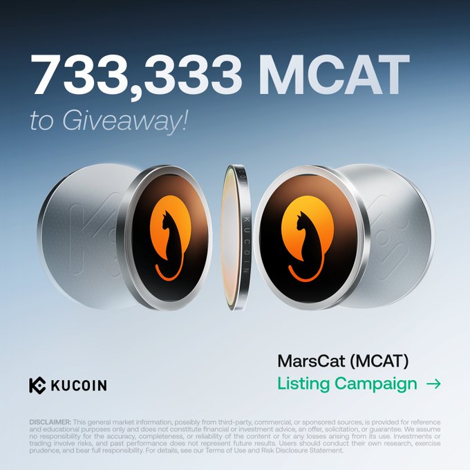 A KuCoin promotional graphic advertises a "733,333 MCAT to Giveaway!" featuring two MarsCat cryptocurrency coins against a blue gradient background, with a "Listing Campaign" call-to-action button linking to MarsCat (MCAT) details. The image directly visualizes the double reward activities mentioned in the post—combining the 500,000 MCAT GemSlot Carnival and 233,333 MCAT Learn & Earn campaigns into the highlighted total giveaway figure.