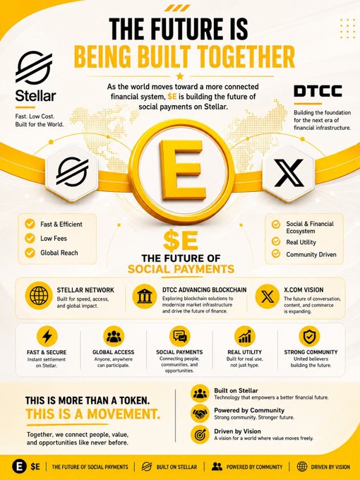 The image features a poster or flyer with yellow and white colors that highlights the future of social payments. The main focus of the image is an E symbol, which represents the company Stellar. The text below the E symbol mentions that the future is being built together by @StellarOrg. This organization is dedicated to building, growing, and delivering a community-driven ecosystem powered by real utility, fast transactions, and social payments. The poster also includes various social payment icons such as a dollar sign, a check, and a credit card symbol, which further emphasize the theme of social payments.
