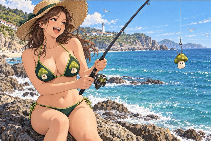 A woman in a mushroom-themed bikini and sun hat fishes at a rocky seaside, with a mushroom-shaped lure dangling from her rod. The image visually represents the playful, mushroom-branded aesthetics of "Shroom," aligning with the post's commentary on the project's visual design and developer quality.