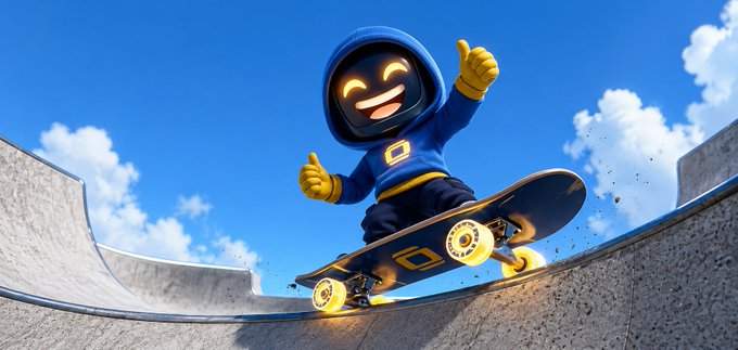 The image features a cartoon character wearing a blue hoodie, yellow gloves, and a yellow hat while riding a skateboard. The character appears to be giving a thumbs up gesture. The background of the image shows a skate park with ramps and other skateboarding elements. There is also text in the image that reads "Another solid week in the Rolly ecosystem Big updates have been rolling out, and even bigger announcements are expected before Beta".