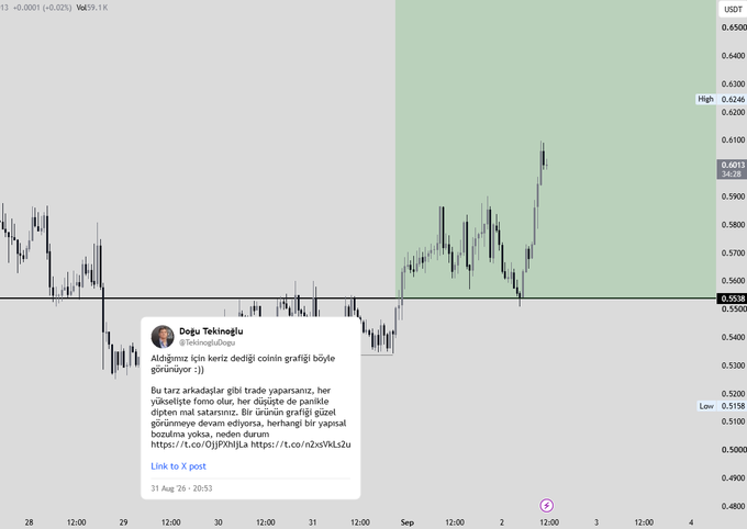 A TradingView candlestick chart of USDT (Vol:9.1K) on a 30-minute timeframe, currently priced at 0.5538 (+0.02%), with a highlighted region between 0.5538 and 0.6246 showing a recent bullish move. An embedded tweet from "TeknoEğilmez Dogu" notes the "Aldığımız için keriz dediği coinin grafiği böyle görünüyor" (the chart of the coin they called us fools for buying now looks like this), referencing the upward price action and providing a chart link.