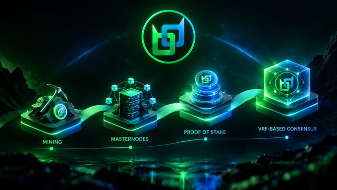 A futuristic Beldex blockchain evolution graphic shows the network progressing from “MINING” to “MASTERNODES,” “PROOF OF STAKE,” and “VRF-BASED CONSENSUS.” It illustrates Beldex’s shift from its original Proof-of-Work mining model to masternode validators, Proof of Stake, and VRF-based consensus as the network develops.