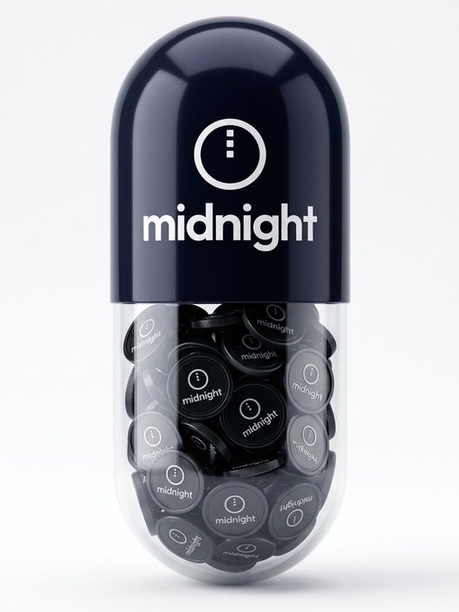 A capsule-shaped product labeled 'midnight' with a black top and clear bottom filled with black tokens bearing the same logo.