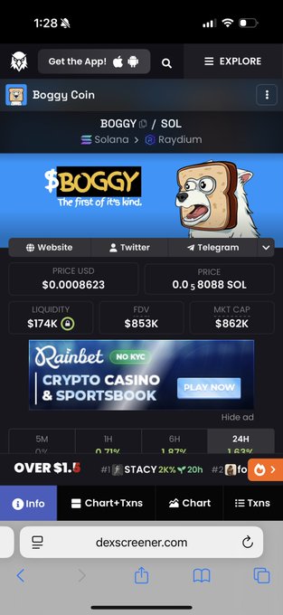 A screenshot of DexScreener showing the 'Boggy Coin' (BOGGY/SOL) on Solana via Raydium with a price of $0.0008623 and an ad for Rainbet Crypto Casino.