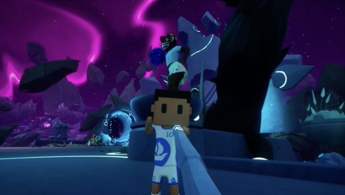 A 3D animated video game scene showing a blocky character in a white dress standing before a purple-lit fantasy landscape with another figure floating above.