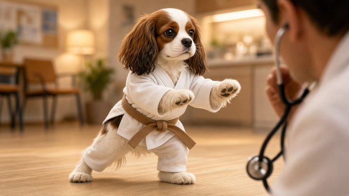 A Cavalier King Charles Spaniel puppy wearing a white karate gi with a brown belt stands in a fighting stance, facing a veterinarian with a stethoscope.