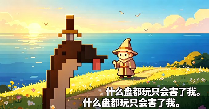 Pixel art illustration showing a character in a wizard's hat standing on a grassy cliff near a cliff face shaped like a dinosaur head, with Chinese subtitles translating to 'Whatever I play, it only hurts me.'