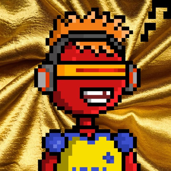 A pixel art character with spiky orange hair, a wide grin, and a red and yellow outfit stands against a draped gold satin background, evoking a meme-style "GM" greeting that complements the post's enthusiastic "GM GM GM" message referencing $PUPPET, #XRPL, and $XRP.