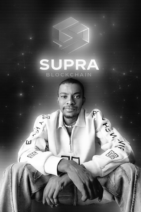 A man sits confidently beneath a glowing "SUPRA BLOCKCHAIN" logo in a black-and-white portrait, embodying the bullish, "gm" energy of the accompanying post about $Supra's upcoming EVM, FX, and ecosystem launches.