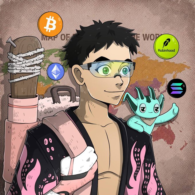 An illustrated avatar of a black-haired character with green-tinted glasses and a small teal creature on their shoulder stands before a world map, surrounded by crypto logos for Bitcoin, Ethereum, Robinhood, and Solana—visually tying the post’s message about NFTs and Robinhood's role in the thriving mints trend.