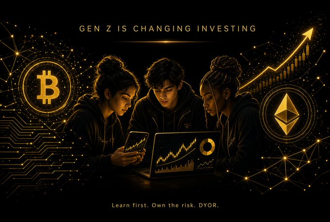 A dark promotional graphic titled "GEN Z IS CHANGING INVESTING" featuring three young people looking at crypto charts and a laptop, surrounded by Bitcoin and Ethereum logos, with the text "Learn first. Own the risk. DYOR." at the bottom.