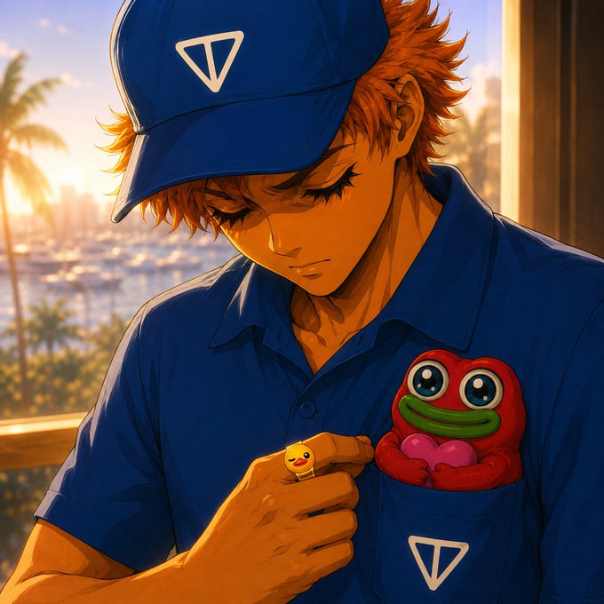 An anime-style character wearing a blue cap and polo, both featuring a triangular "V" logo, gently cradles a small yellow creature while a cute red monster peeks from his shirt pocket against a sunset cityscape. The triangular "V" emblem suggests a connection to a crypto or Web3 project, tying into the "Gm" (good morning) greeting with a warm, welcoming vibe.