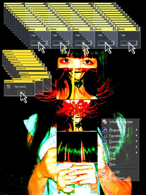 A glitchy, color-distorted portrait of a masked figure holding a geometric object is overlaid with cascading yellow "Error" and "Windows 95" pop-up dialogs, alongside a Start menu, evoking retro system crashes. The image's aesthetic of broken digital interfaces and pixelated corruption visually reinforces the post's cryptic NFT-related message, suggesting fragmentation or malfunction within digital asset systems.