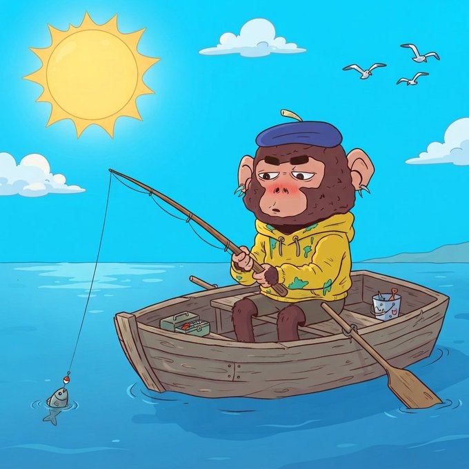 A colorful cartoon illustration of a bored-looking chimpanzee wearing a yellow hoodie and blue beret, fishing from a small wooden rowboat on a calm blue sea under a bright sun.