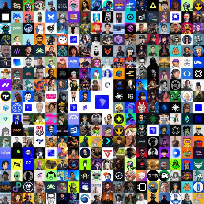 A dense grid/collage of hundreds of crypto and Web3 community profile pictures and avatars featuring various logos, characters, and meme-style images.