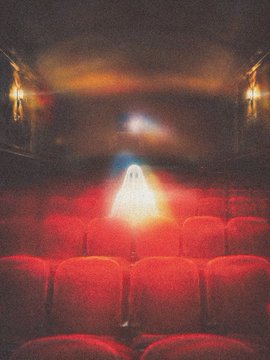 A dark, atmospheric painting shows an empty movie theater with red seats, illuminated only by a glowing figure at the back of the aisle.