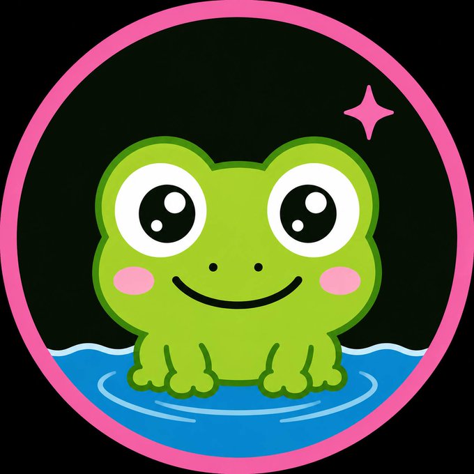 A cute cartoon illustration of a smiling green frog with large eyes and pink cheeks sitting in blue water, framed by a pink circular border on a black background, with a small sparkle in the upper right.