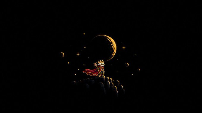 A dark pixel-art illustration of a small king wearing a crown and red cape standing on a cloud-like formation, gazing at a large crescent moon surrounded by stars and smaller planets against a black background.